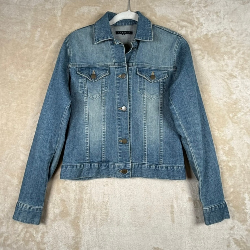 Theory Denim Trucker Jacket Womens Size 2 Medium Wash Blue Americana Timeless